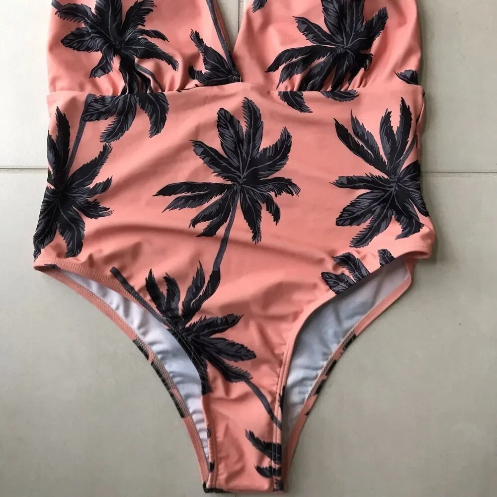 Shein One Piece Swimsuit Tropical Print Plunge Halter Neck Swimwear